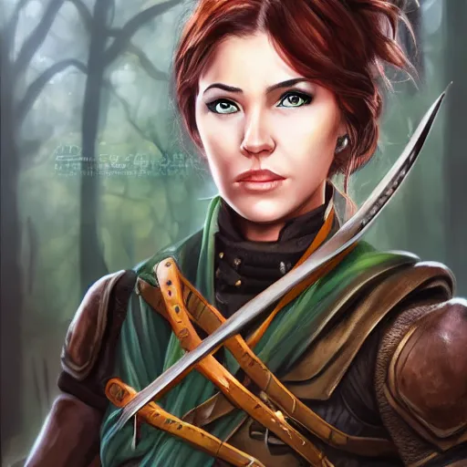 Prompt: portrait of a female ranger, dungeons and dragons, full color, vivid, realistic illustration, upper body close up with face