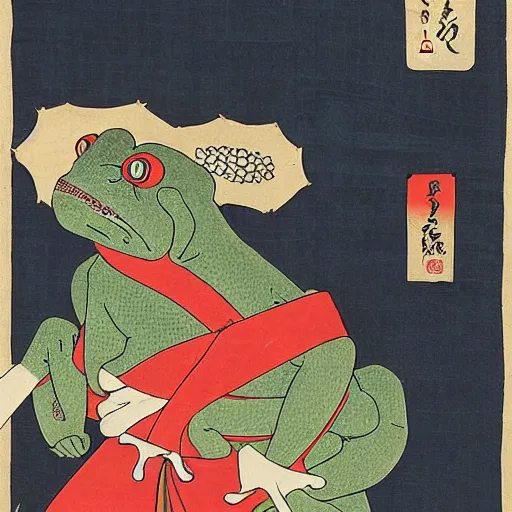 Prompt: Ukiyo-e of a samurai frog out walking his pet cat