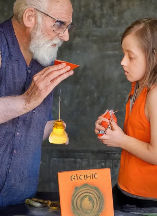 Image similar to a kind old British scientist is teaching his protégée about alchemy and magic from a mysterious orange book. The book has a glowing vial 🧪 on the cover.