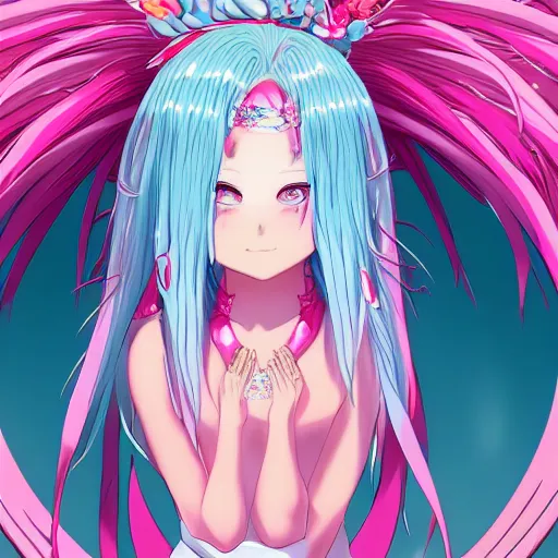 Prompt: stunningly beautiful omnipotent anime goddess with smooth porcelain skin, pink hair and mesmerizing cyan eyes, symmetrical, 8 k