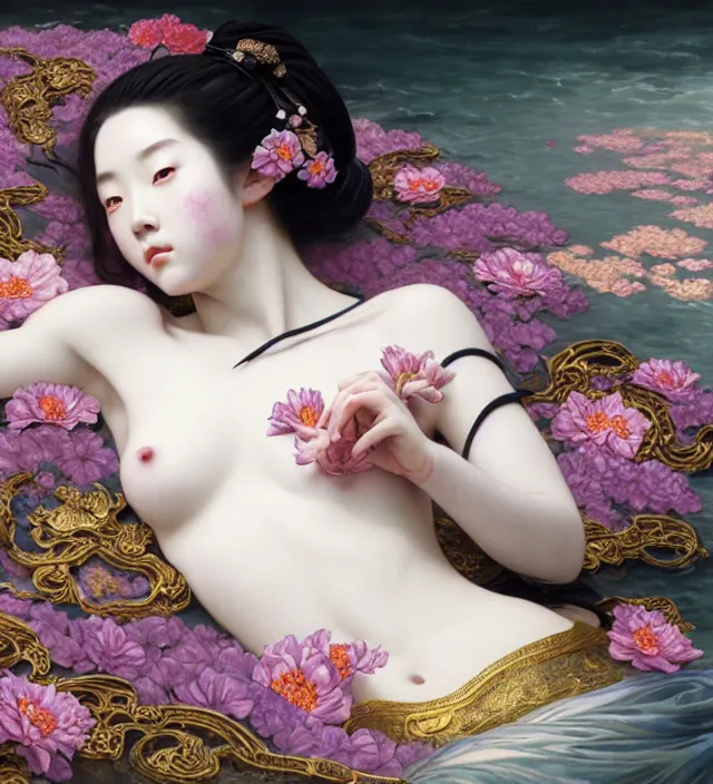 Image similar to baroque portrait of one yakusa tattooed geisha woman of porcelain skin with biomechanic organic elements connected is lying down in a river made of thousand of flowers, cinematic lighting, photorealistic, octane render, 8 k, depth of field, art by artgerm and greg rutkowski and alphonse mucha and uang guangjian