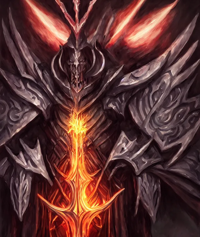 Image similar to overlord anime ainz ooal gown wears daedric armor and casts the ultimate spell, oil painting!!!, runes, overlord!!!, magic, dark, gloomy, portrait, character portrait, concept art, symmetrical, 4 k, macro detail, realistic shadows, bloom, cosplay, anime, dviant art