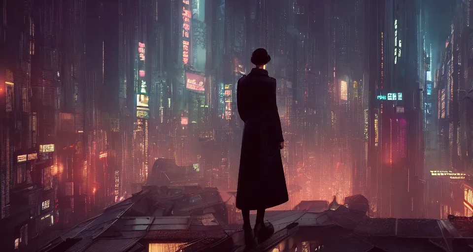 Image similar to woman standing on a rooftop in a cyberpunk city, blade runner, nighttime, rain, intricate artwork by tooth wu and wlop and beeple, octane render, hyper realism, 8 k