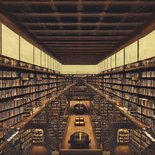 Prompt: a huge library in several floors, endless rows of bookshekfs, art nuveau, steampunk, symmetry, full frame, cinematic light , unreal engine,