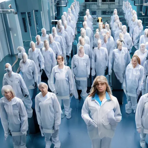 Prompt: troop of females of varying heights and body shapes in formation, white hair, tight light blue neopren suits, in rows, futuristic chemistry lab, sci - fi, highly detailed, cinematic