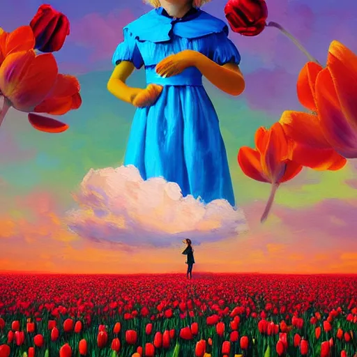 Image similar to dutch girl with singular giant tulip as a head, surreal photography, flower field, sunset dramatic light, impressionist painting, colorful clouds, blue sky, digital painting, artstation, simon stalenhag