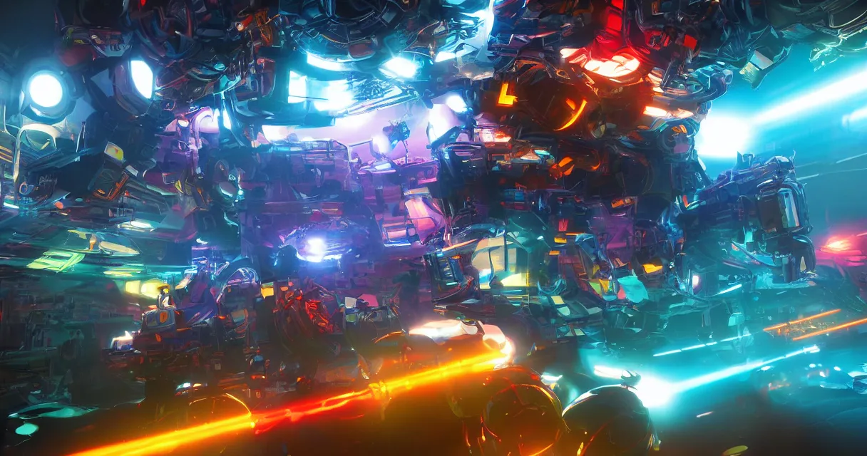 Image similar to vivid colors, spectrum, robot fight, drama, high quality, vray, cg, crazy, space