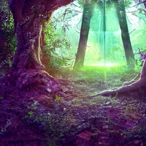 Prompt: portal to another dimension inside a beautiful tree in a densely overgrown jungle, fantasy, dreamlike sunrise volumetric lighting, ultra realistic, atmospheric, stopped in time, epic