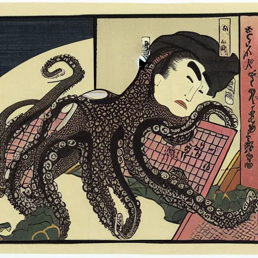 Prompt: an octopus using a laptop to hack into a server, ukiyo-e by Utagawa Kuniyoshi