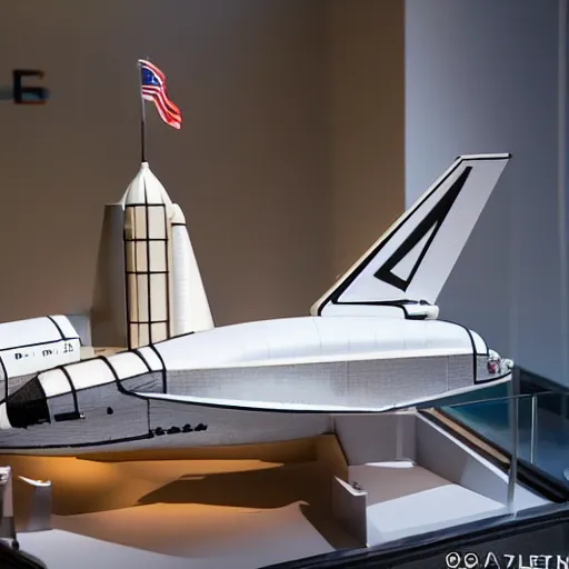 Prompt: an architectural model of a hotel designed by the space shuttle on display in a museum vitrine, highly detailed, product photography, well lit, 8k