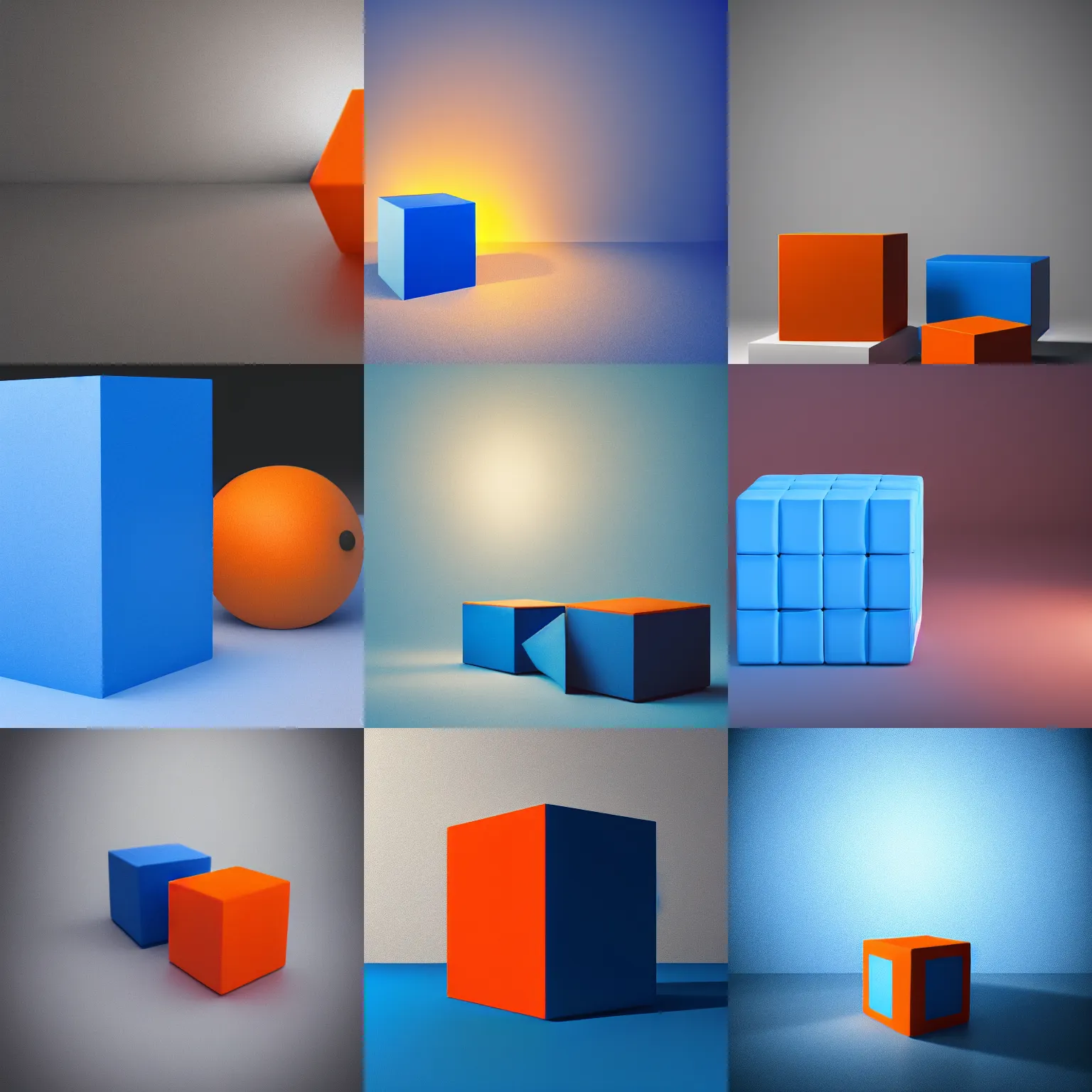 Prompt: one blue cube and one orange cube, studio light, studio photo, octane render