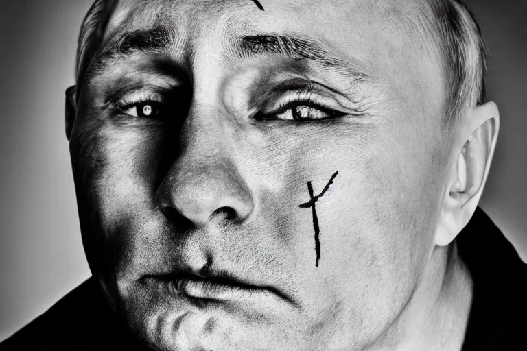 Prompt: putin as a clean-shaven homeless clown with a very sad face. head shot portrait. black and white 35mm photograph.