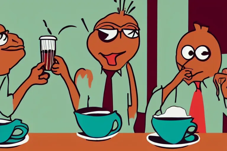 Image similar to pepe the frogs drinking coffee in a cafe, 8 0 s style, cinematographic photo