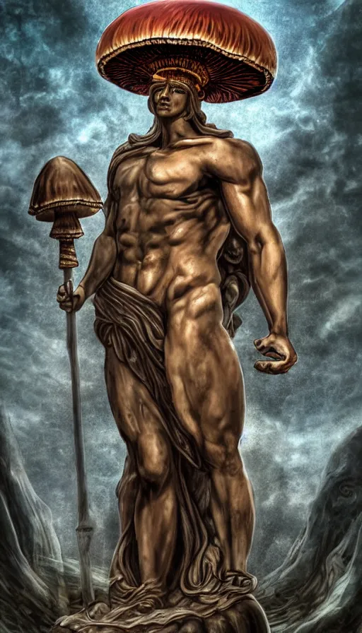 Image similar to a masterpiece hyperdetailed dnd tarot card, magnificent mushroom deity as depicted in a colossal greek marble statue ( with godlike bodybuilder physique ), hd tarot card depicting monumental statue of a mushroom god with cute large mushroom hat, hdr, 8 k, artstationhq, digital art