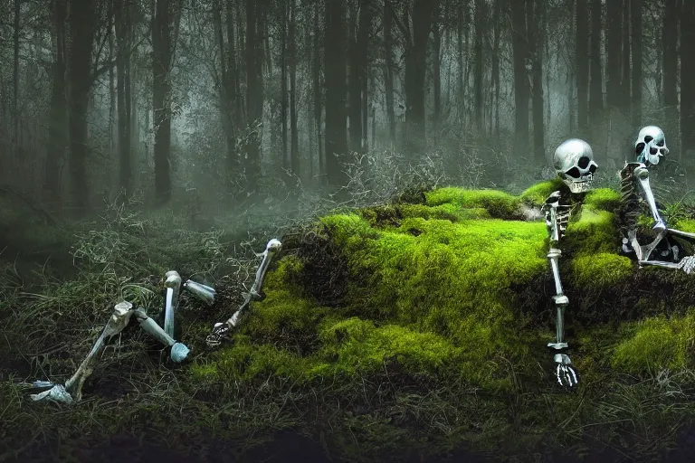 Image similar to human skeleton behind computer overgrown with moss, in forest, dark atmosphere, fanstasy, digital art, very realistic, trending on artsstation, very detailed