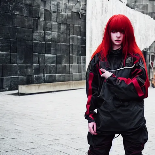 Image similar to beautiful red haired woman in techwear, warcore look and clothes, ACG, ACRNYM, Rick Owens, trending on r/streetwear, outfit photo