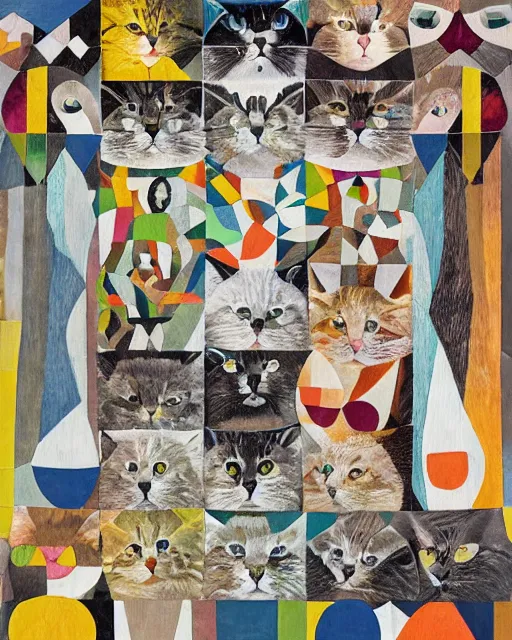 Prompt: a tribe of fluffy cats interweaved hide and seek within an geometric collage art, by Hannah af Klint, Henriëtte Ronner-Knip and Felipe Pantone, theosophy series 4K detailed kitsch and typographic annotation, rule of thirds