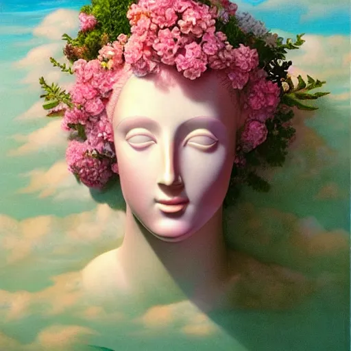 Image similar to award winning masterpiece with incredible details, a surreal vaporwave vaporwave vaporwave vaporwave vaporwave painting by Thomas Cole of an old pink mannequin head with light beaming out of its eyes, flowers growing out of its head, sinking underwater, highly detailed, WOW