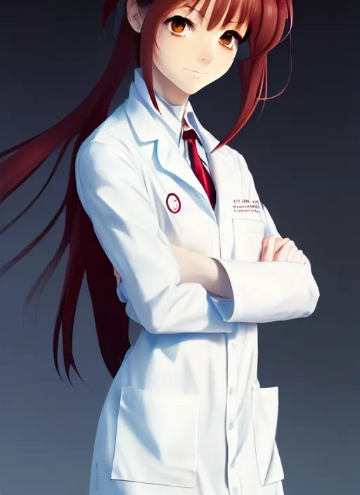 Prompt: 3 / 4 view of a portrait of cute girl in labcoat, confident pose, pixie, elegant, sharp focus, illustration, highly detailed, concept art, matte, trending on artstation, anime, art by wlop and artgerm and greg rutkowski, ilya kuvshinov, strong strokes, photo of makise kurisu from steins gate