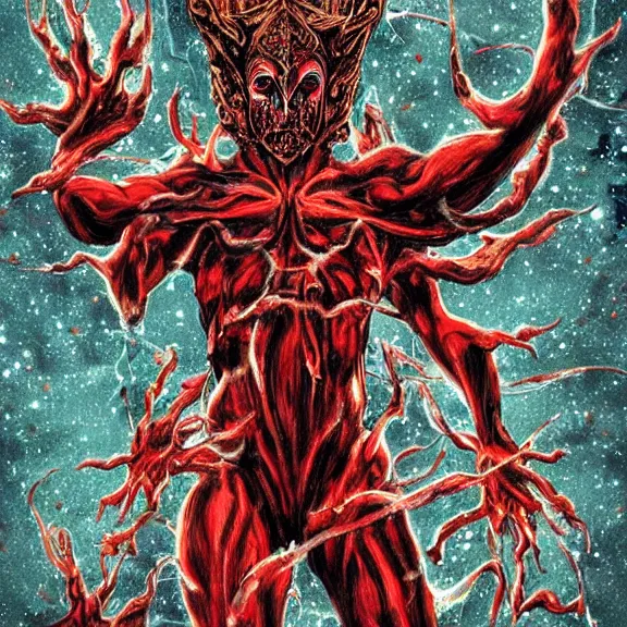 Prompt: a cosmic deity of chaotic blood wars embodied in the offspring of evil gods incarnate so they may feed on the broken souls of the empty shells of the created humans made for one thing but to be soulfood for the wicked damn