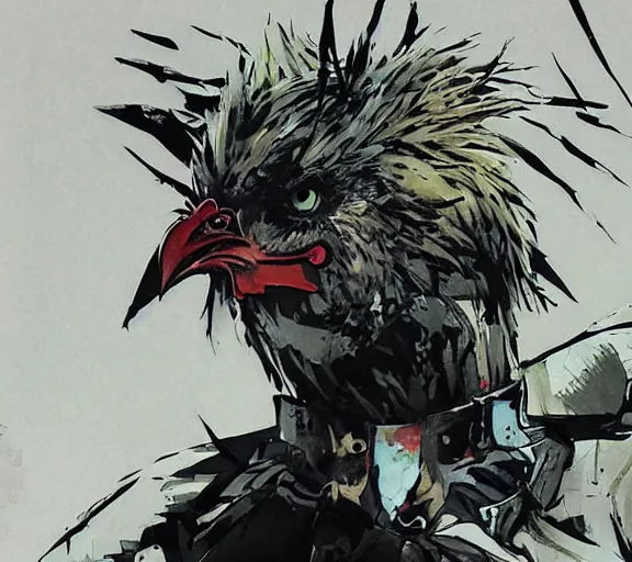 Prompt: a chicken with a crazy look, art by yoji shinkawa,