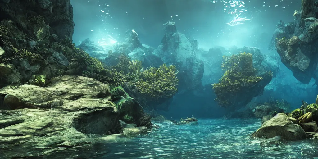 Prompt: underwater enviroment, unreal 5, hyperrealistic, realistic, photorealistic, dynamic lighting, highly detailed, cinematic landscape, studio landscape, studio lighting