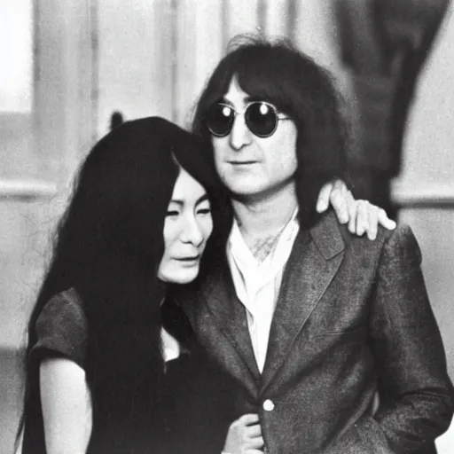 Prompt: john lennon and yoko ono on their 2 0 th wedding anniversary