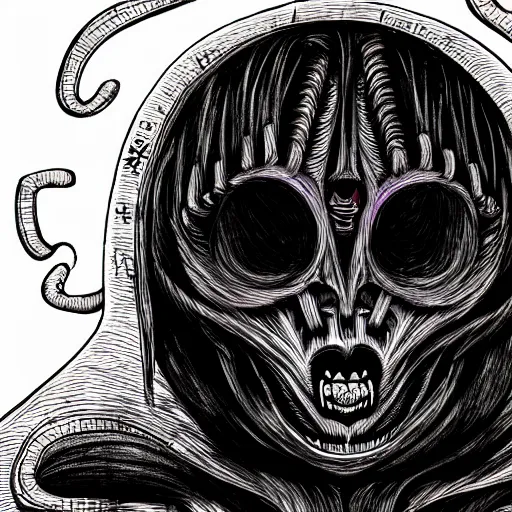 Image similar to a dark humanoid, hyper detailed, in the style of h. r. giger and junji ito and h. r. giger and junji ito, selfie