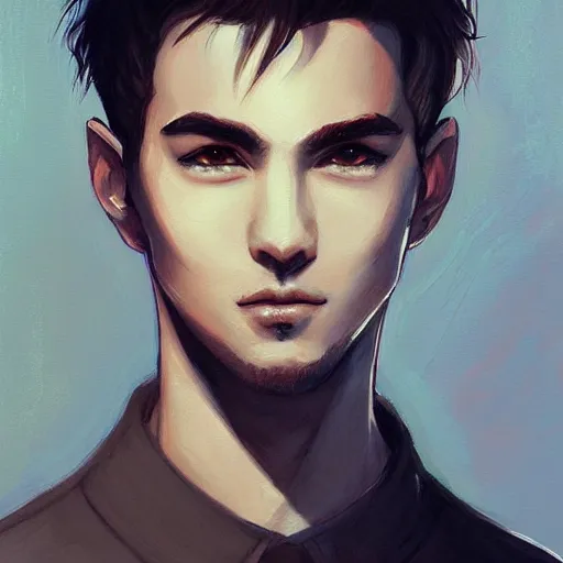 Prompt: painting by loish!!, portrait of a handsome man, finely detailed features, intricate brush strokes, beautiful lighting, trending on pixiv fanbox.