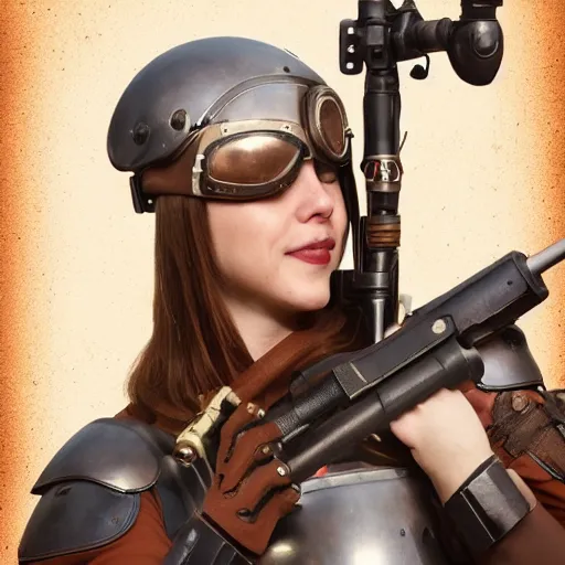 Image similar to female artificer with futuristic rifle, tubes connecting mediaeval half plate armor to rifle, brown hair, smiling, portrait, goggles over forehead, trending on artstation