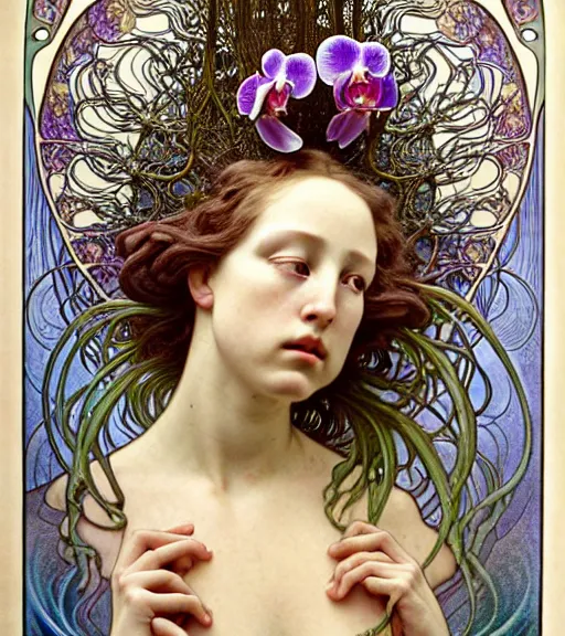 Image similar to beautiful orchid fairy detailed realistic porcelain face portrait by jean delville, alphonse mucha, iris van herpen and marco mazzoni, art forms of nature by ernst haeckel, art nouveau, symbolist, visionary, gothic, neo - gothic, pre - raphaelite, fractal lace, intricate alien botanical biodiversity, surreality, hyperdetailed ultrasharp octane render