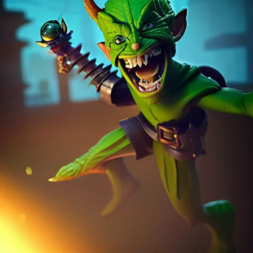 Prompt: clash royale green goblin, by tom bagshaw and ilya kuvshinov, rtx rendering, octane render 1 2 8 k, maya, extreme high intricate details by wlop, digital anime art by ross tran, medium shot, composition by sana takeda, dramatic lighting by greg rutkowski