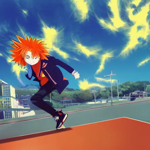 Prompt: orange - haired anime boy, 1 7 - year - old anime boy with wild spiky hair, wearing blue jacket, running past colorful building, red - yellow - blue colored building, turquoise aquamarine windows, strong lighting, strong shadows, vivid hues, ultra - realistic, sharp details, subsurface scattering, intricate details, hd anime, 2 0 1 9 anime