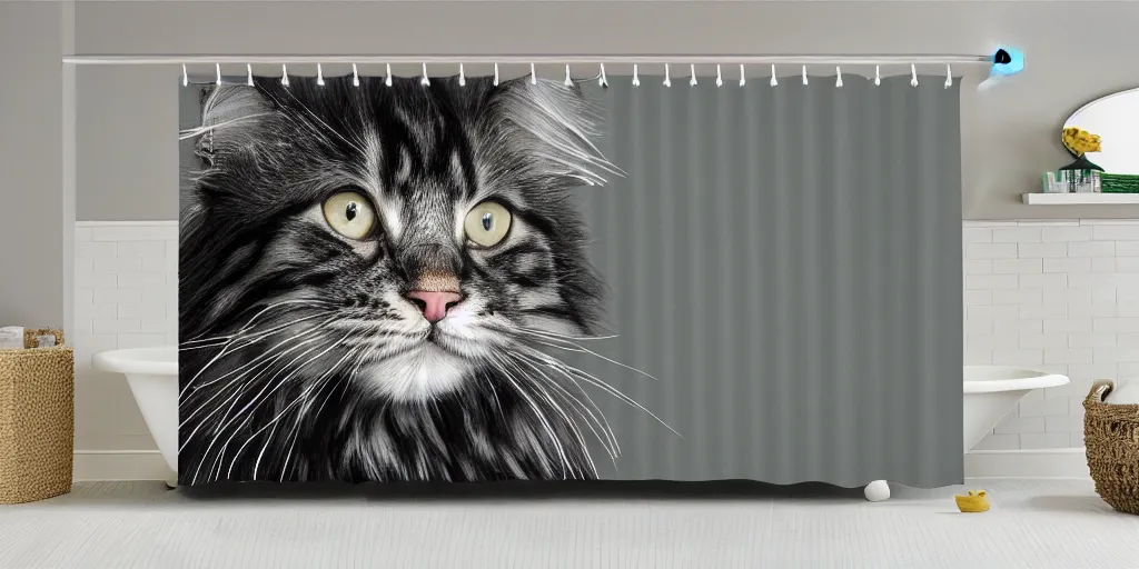 Prompt: shower curtain product catalog. printed on the curtain is a maine coon kitten ink under drawing, saturated watercolor. product photography, product lighting. 4 k, highly detailed. saturated.