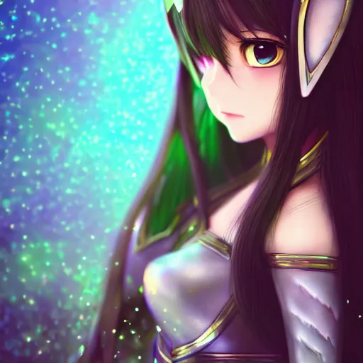 Image similar to adorable young cute anime elf girl, long black hair, detailed fantasy armor, symmetrical face. beautiful spark eyes. beautiful lineart. bokeh pixiv # 1 ranking depth focus, chromatic aberration, noise, soft lighting, srgb, 4 k, cinematic