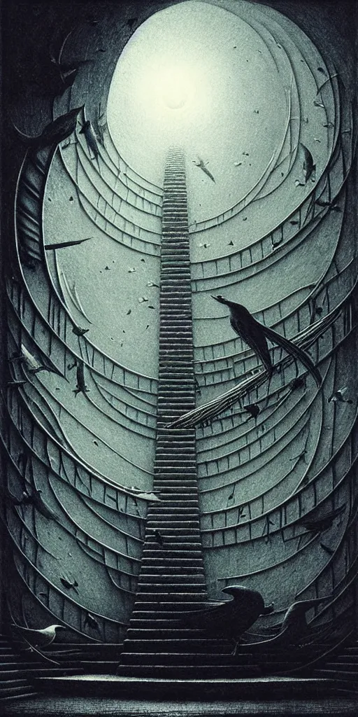 Image similar to big spiral stairways on old ship, inhabited on many levels, flying birds, by beksinski, shining light, strong perspective, clear geometry, architecture, Award winning. Masterpiece, detailed illustration