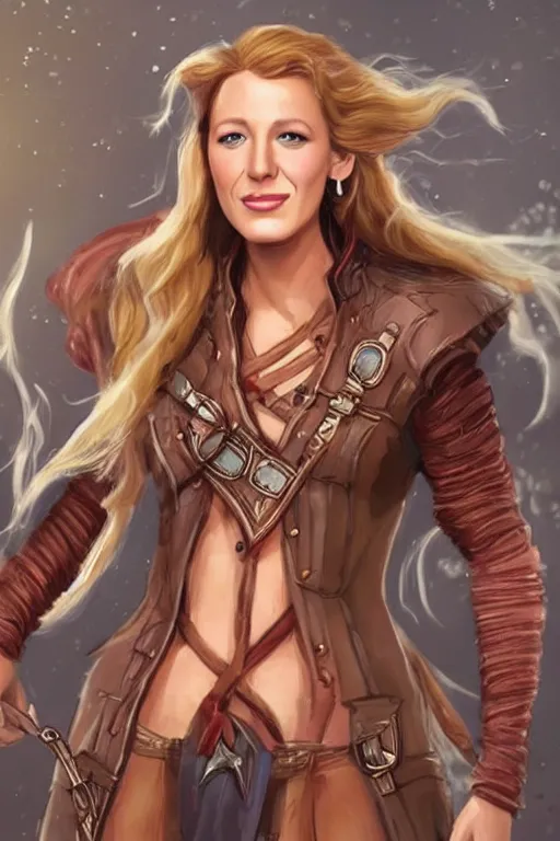 Prompt: blake lively portrait as a dnd character fantasy art.