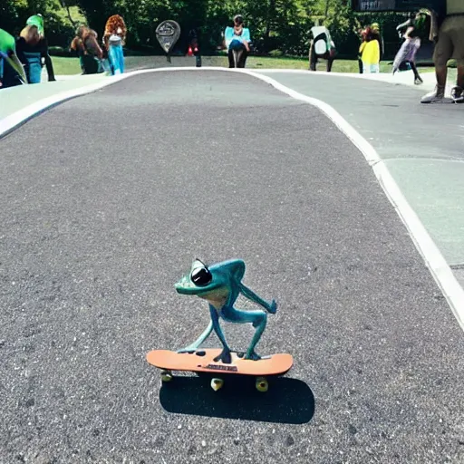 Prompt: skateboarding frog evading the space police in the style of no man's sky