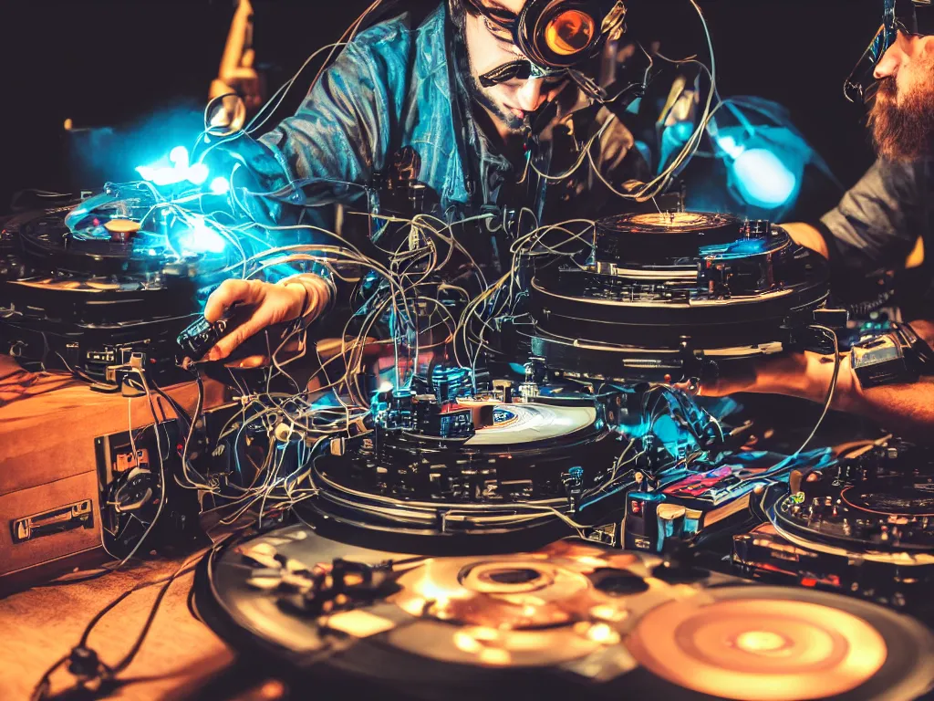 Image similar to a person wearing goggles and visor and headphones using a steampunk record player contraption, wires and tubes, turntablism dj scratching, intricate planetary gears, cinematic, imax, sharp focus, leds, bokeh, iridescent, black light, fog machine, hazy, lasers, hyper color digital art, cyberpunk