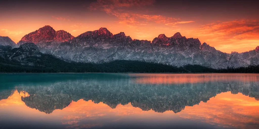 Image similar to photo of a sunset on a lake with mountains in the background, landscape, beautiful, elegant, award winning photograph, highly detailed, high resolution photo, trending on artstation, 4 k