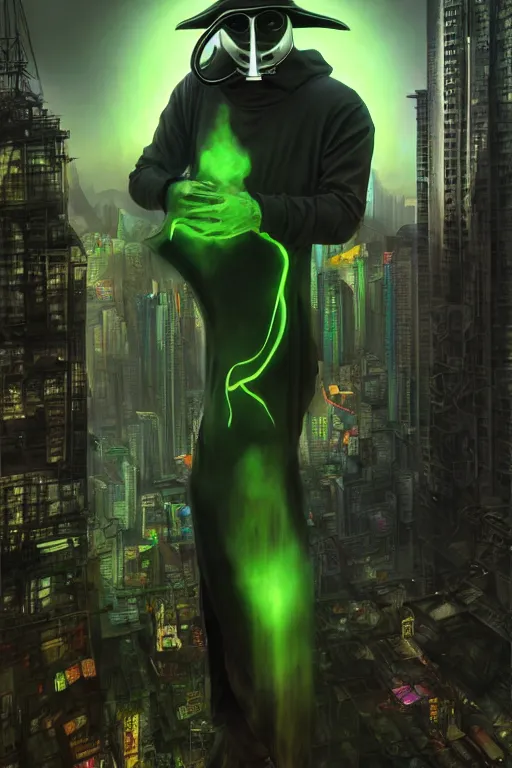 Image similar to wow! 3 / 4 stunning photorealistic portrait of a plague doctor with a green aura in a kowloon cyberpunk cityscape, biomechanical bodysuit, acid rain, dark fantasy by artgerm and sorayama and alphonse mucha, very realistic, hyperdetailed, trending on artstation, octane render