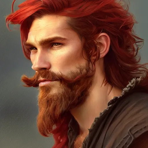 Image similar to portrait of a young ruggedly handsome but easygoing pirate, male, masculine, upper body, red hair, long hair, d & d, fantasy, intricate, elegant, highly detailed, digital painting, artstation, concept art, matte, sharp focus, illustration, art by artgerm and greg rutkowski and alphonse mucha