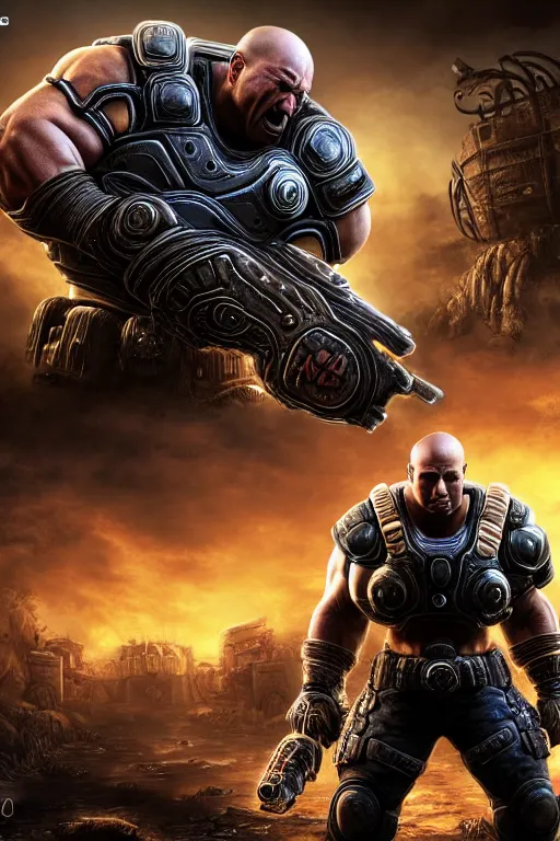 Image similar to Joe Rogan as a muscular Gears of War character laughing, photorealism, half body, HDR ambient background, unreal engine 5, hyperrealistic, highly detailed, XF IQ4, 150MP, 50mm, F1.4, ISO 200, 1/160s, cinematic lights, Adobe Lightroom, photolab, Affinity Photo, PhotoDirector 365, realistic