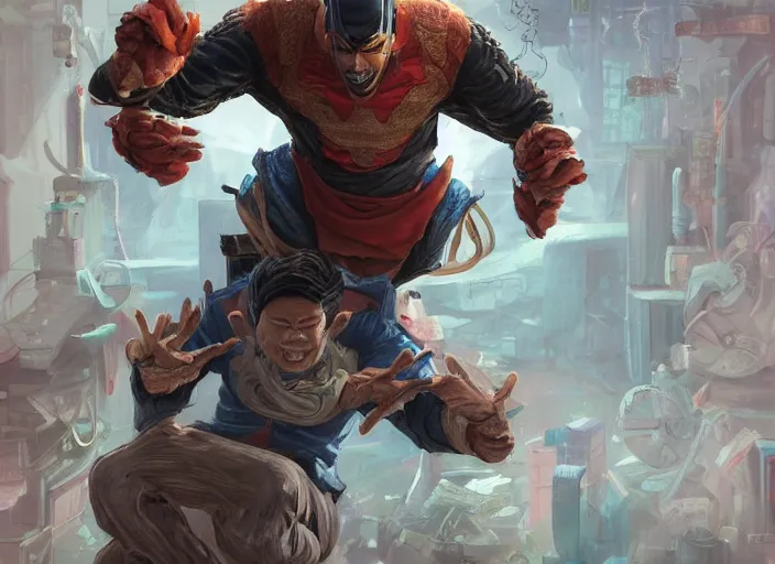 Prompt: an insanely detailed painting of an asian man wearing a homemade superhero costume, sitting at a desk, staring seriously at the computer and typing, in the style of peter mohrbacher, james jean, dramatic lighting and composition, surreal background, octane render, pixar, trending on artstation, concept art, comic book, view from behind, 8 k