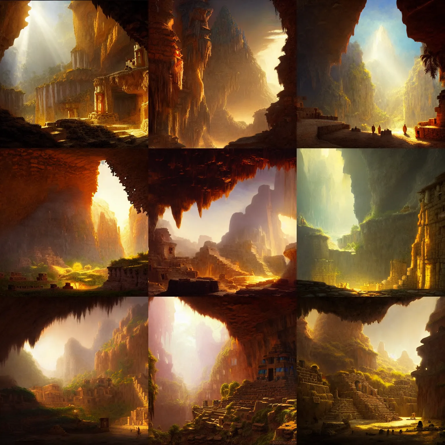 Prompt: aztec town built on the walls of a cave by jorge jacinto and albert bierstadt, mystical, fantasy, rays of light, atmospheric lighting, uhd, 8 k