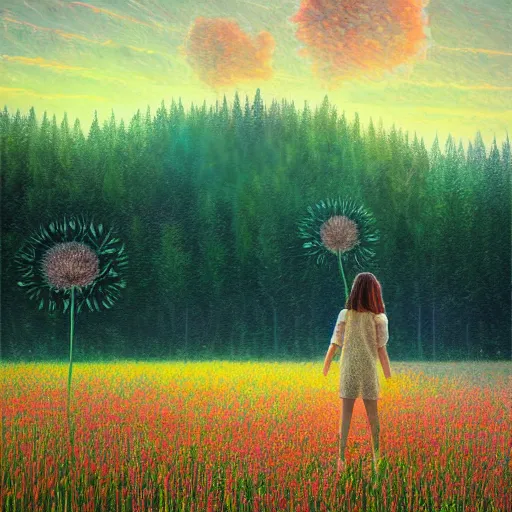 Prompt: girl with dandelion head, surreal photography, dream, standing in flower field, hills, big trees, sunrise dramatic light, impressionist painting, colorful clouds, digital painting, pointillism, artstation, simon stalenhag