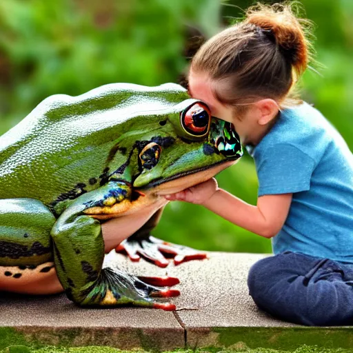 Image similar to Human sized frog licking tiny dog