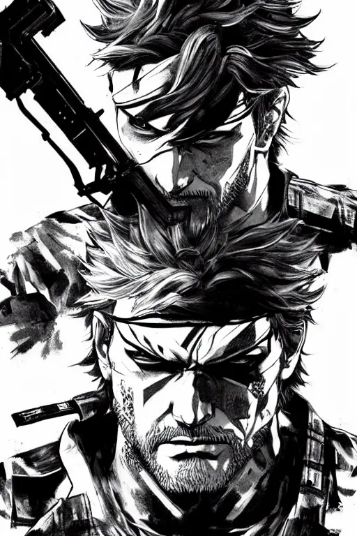 Image similar to solid snake from metal gear, sumi - e style, masterful, ultrafine hyperdetailed illustration, concept art, detailed, intricate linework, art by yoji shinkawa