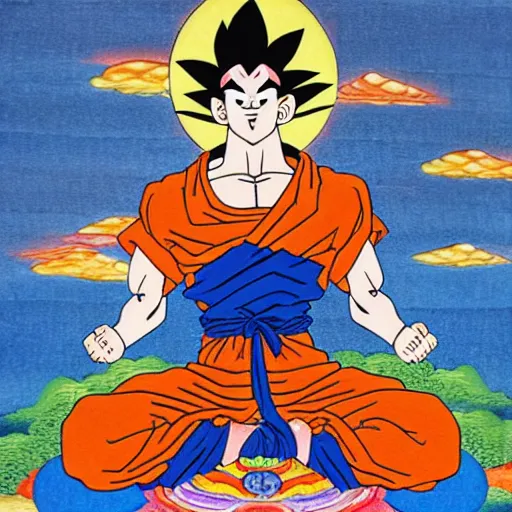 Prompt: Goku depicted in a Thangka art painting