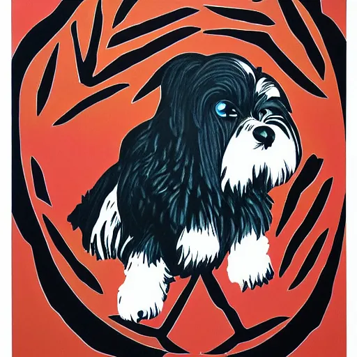 Image similar to tlingit haida lithographic, 3 / 4 portrait of havanese dog, simplified forms, multiple colors, print by tristan - wolf reg davidson clifton guthrie maynard johnny jr.